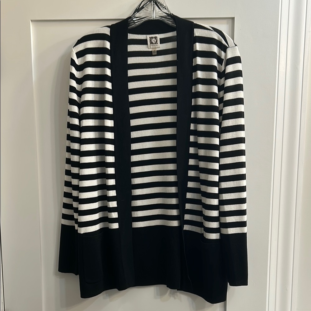 Anne Klein Black and White Striped Cardigan Sweater